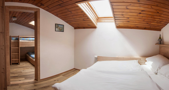 <b>Familienzimmer:</b> Zwei Zimmer, direkt verbunden durch eine Tür. Ein Zimmer mit Doppelbett, das andere mit Stockbett.